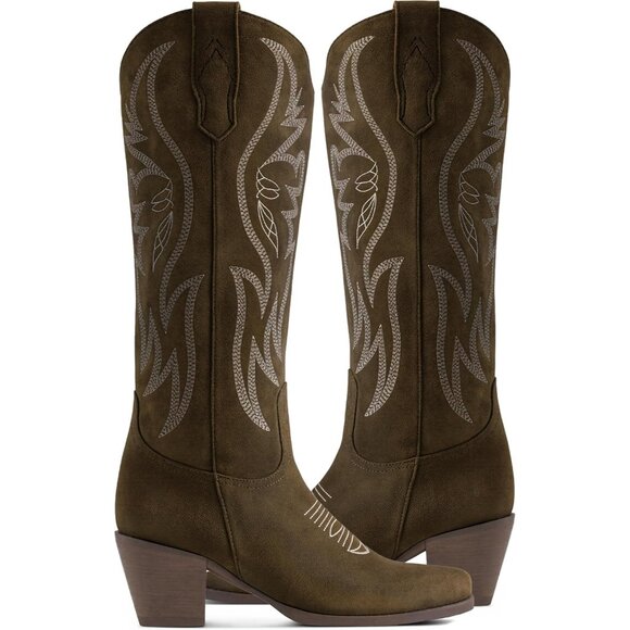 Women's Faux Suede Pointed Heeled Western Wide Calf Embroidered Dark Green Boots - Picture 4 of 7